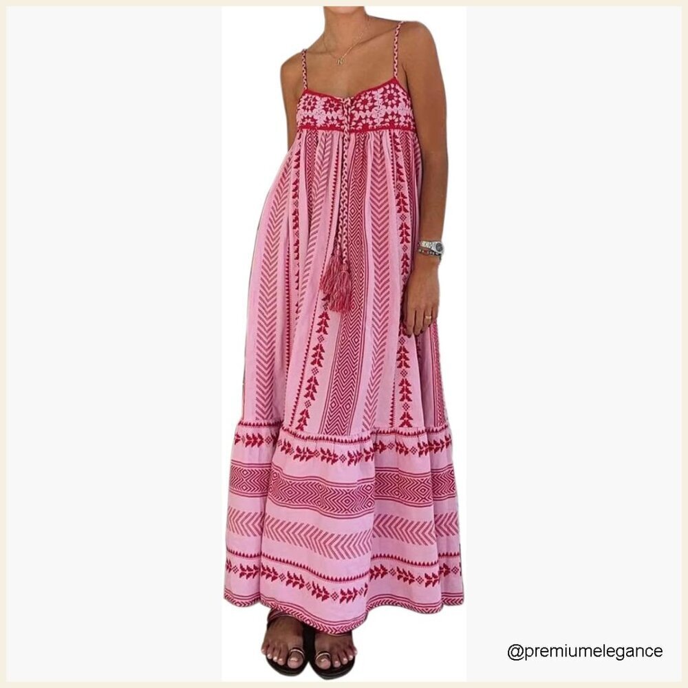 Boho Maxi Dress Crochet Patchwork Sleeveless Swing Sundress Oversized Fit